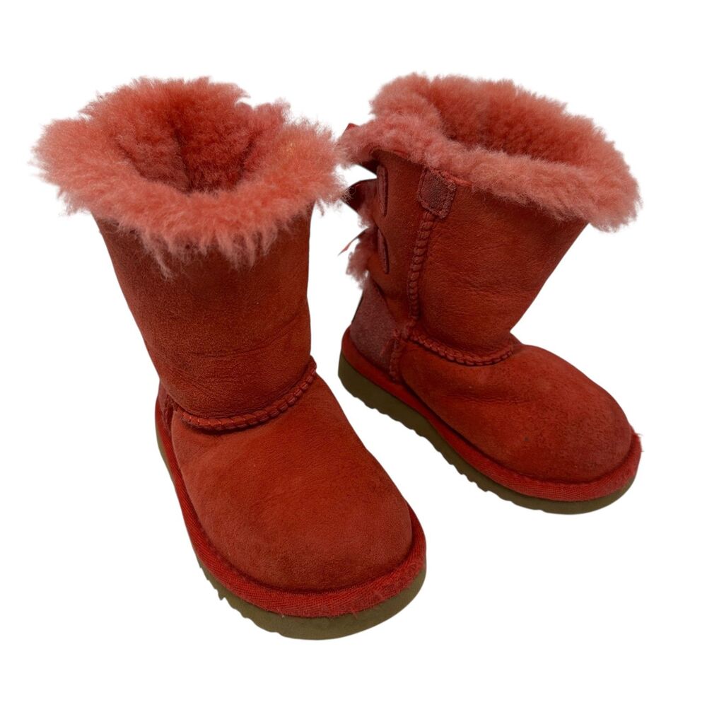 UGG Toddler Girls Red Shearling Lined Mid Calf Suede Booties with Bows Size‎ 7